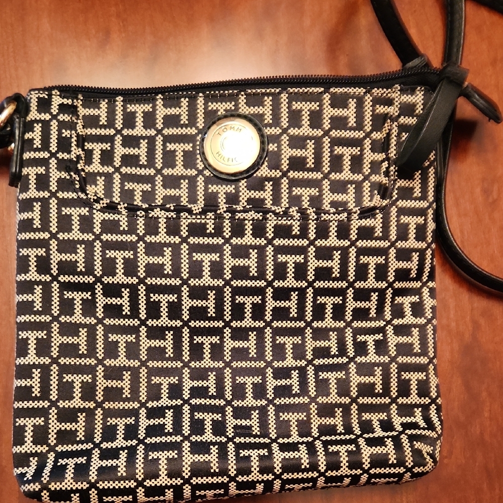 Tommy Hilfiger Black and Cream Geometric Crossbody Bag